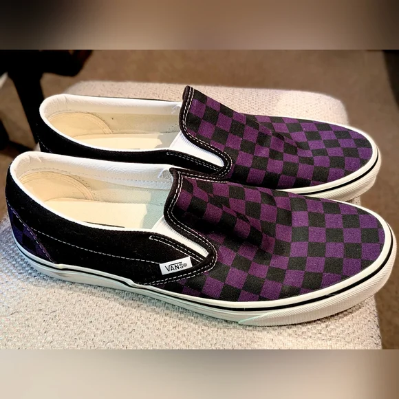 Vans Purple and Black Checkered Slip-On Shoes - Picture 3 of 6